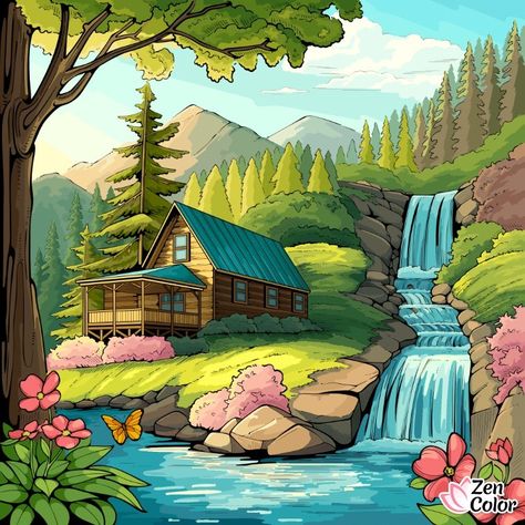 Sunset Simple, Beginners Canvas Painting, Waterfall Drawing, Beginner Painting On Canvas, Village Drawing, Painting On Canvas For Beginners, Boxe Thai, Drawing Scenery, Acrylic Canvas Painting