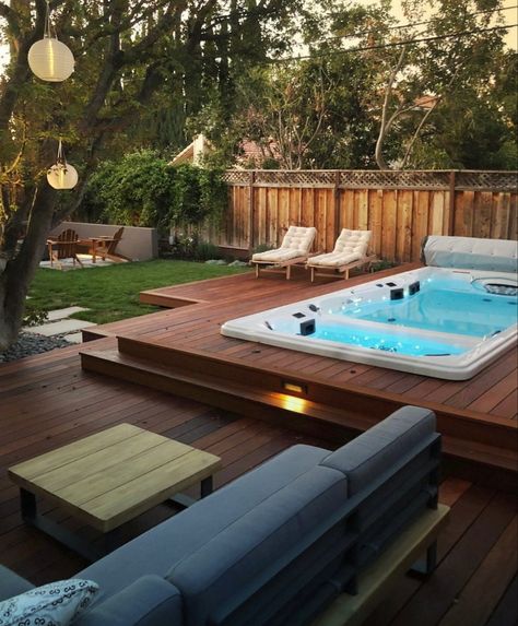 Jacuzzi Built In Deck, Swimspa Landscape Ideas, Swim Spa Backyard Ideas With Deck, Swim Spa Deck Ideas, 10 Person Hot Tub, Swim Spa Deck, Swim Spa Landscaping, Outdoor Swim Spa, Spa Landscaping