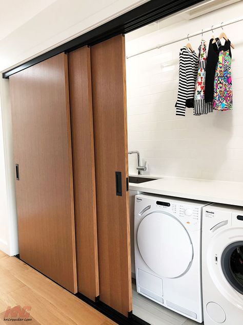 Sliding Cupboard, Laundry Doors, Toronto Home, Hidden Laundry, Utility Cupboard, Dream Laundry Room, Laundry Room Closet, Garage Laundry, Sliding Door Track