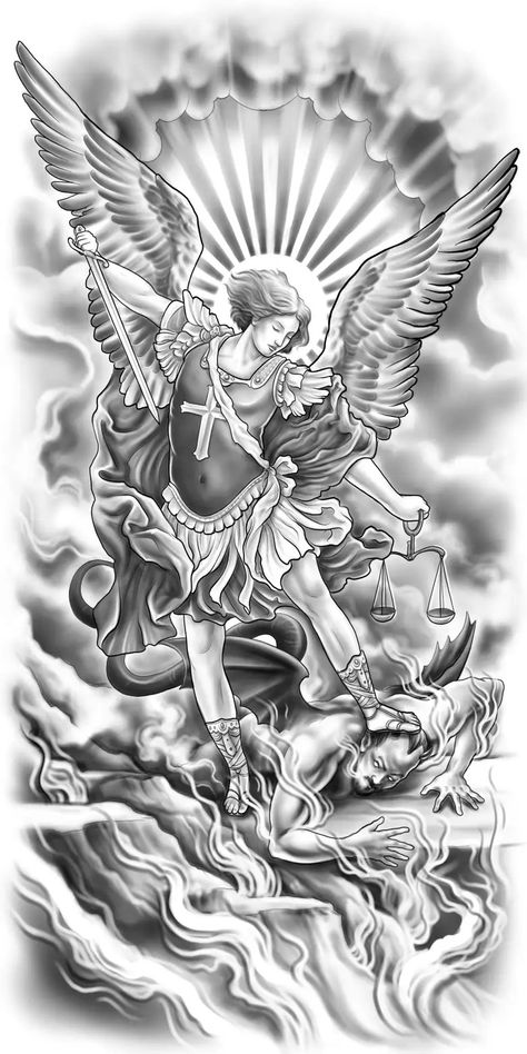 Saint Michael the Archangel Tattoo Design | Freelancer Stomach Men Tattoo, Angel Warrior Tattoo, Archangel Michael Tattoo, Saint Tattoo, St Michael Tattoo, Arch Angels, Michael Tattoo, Archangel Tattoo, Arch Angel