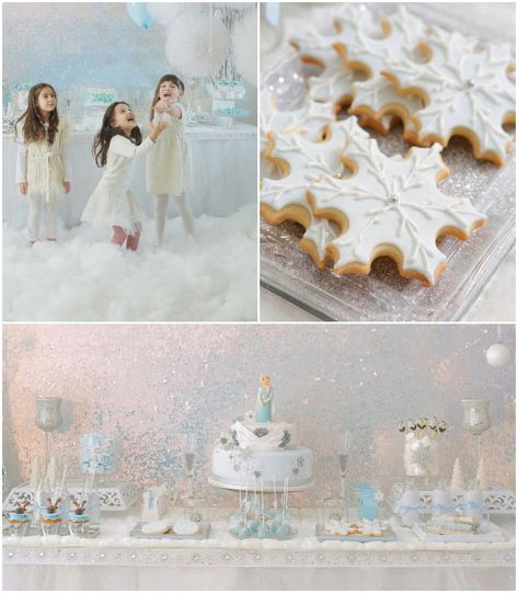 Frozen Tea Party, Blue Macarons, Frozen Bday Party, White Cookies, Tulle Poms, Dessert Table Backdrop, Winter Wonderland Birthday, Frozen Themed Birthday Party, Elsa Birthday