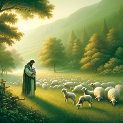 A peaceful, pastoral scene depicting the metaphor of Psalm 23:1, with a serene shepherd tenderly caring for his flock of sheep in a lush, green meadow. The shepherd represents guidance and protection, embodying the concept of God's role in our lives as described in the verse. The sheep are content and secure, symbolizing trust and comfort under the shepherd's watchful eye. The landscape is... Angelic Artwork, Anime Jesus, Jesus Shepherd, Images Of Faith, Good Shepard, Aigle Royal, Christian Soldiers, Flock Of Sheep, Christian Illustration