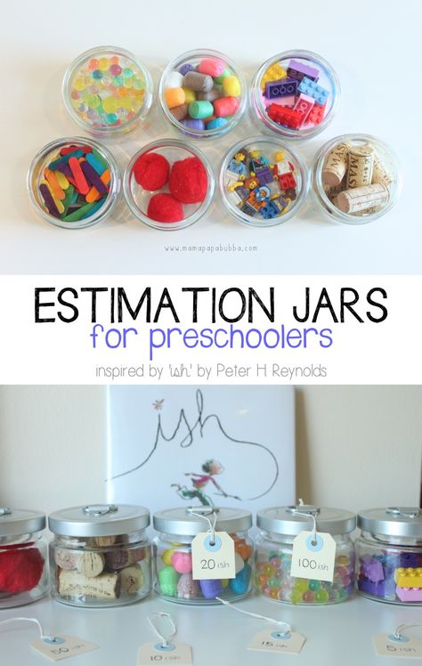 I love the tie in between the book "Ish" and estimation jars. Estimation Activities, Math Measurement, Card Games For Kids, Prek Math, Math Methods, Early Math, Math Activities Preschool, Homeschool Math, Mental Math