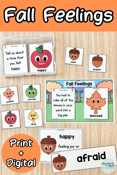 Describe and discuss emotions and feelings with these leaf, acorn, and apple feelings or emotions activities during language therapy or SEL lessons. Discuss 30 fall or autumn themed social scenarios and how you would feel during each one. Follow-up worksheets are included. This resource could be paired with almost any story about fall, leaves, apples, acorns, etc. Perfect for your fall-themed lesson plans in small groups or whole group instruction. Ideal for SLPs, preschool, kindergarten, etc. Preschool Fall Language Activities, Fall Emotions Activities, Fall Feelings Activities, Fall Phonics Activities, Seasons Preschool Worksheets, Autumn Lesson Plans For Preschool, Fall Language Activities For Toddlers, Fall Special Education Activities, Preschool Emotions Theme