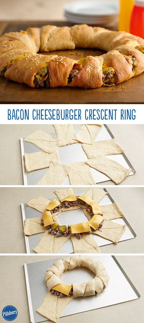 We have officially found something better than any old burger – a Bacon Cheeseburger Crescent Ring! Simply wrap crescent dough around your favorite burger ingredients and dinner is served. Party Food Main Dish, Burger Ingredients, Crescent Recipes, Pillsbury Recipes, Crescent Ring, Crescent Roll Recipes, Crescent Dough, Bacon Cheeseburger, Turkey Burgers