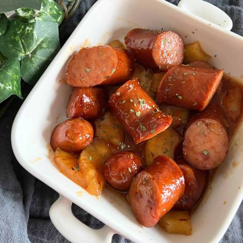 Slow Cooker Sausage and Pineapple - Recipe Diaries Sausage Pineapple Crockpot, Kielbasa Recipes Crockpot, Kielbasa And Pineapple, Sausage And Pineapple, Sausage Pineapple, Recipe Diaries, Slow Cooker Sausage, Pineapple Recipe, Kielbasa Recipes