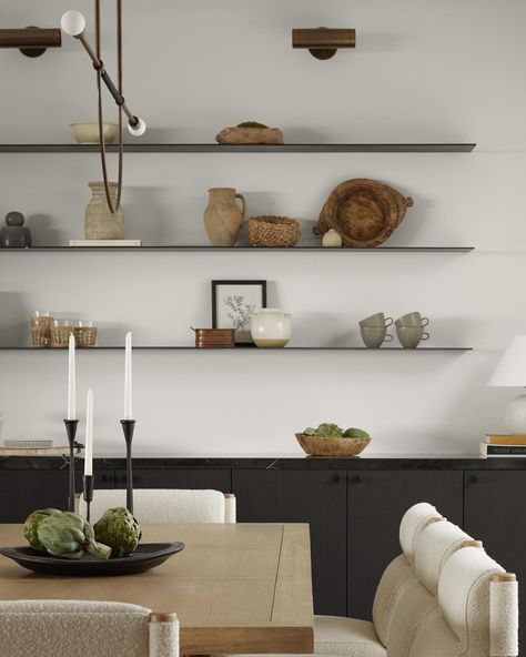 Jaime Zehner (@jzinteriordesigns) • Instagram photos and videos Shelves In Dining Room, Dining Room Open Shelving, Modern Dining Room Interior, Bar Backdrop, Organic Interior Design, Organic Interior, Transitional Design Style, Steel Shelves, Dining Room Shelves