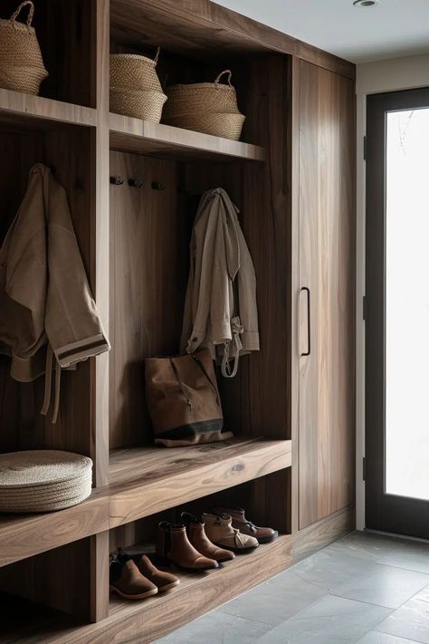 Modern Mudroom Entryway Interior Design, Wood Panel Mudroom, Walnut Mudroom Cabinets, Modern Lockers Mudroom, Mountain Modern Mudroom, Mudroom Armoire, Sunken Mudroom, Organic Modern Mudroom, Walnut Mudroom