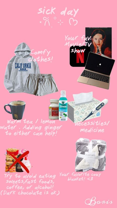 Tips for having a sick day bcs I’m currently sick <3 #sick #sickday #cold #coldtips #sicktips #sickdaytips #sickdayfits #sickdayoutfit #getwell #getwellsoon Sick Day Tips, Sick Day Outfit, Sick Day Essentials, Big Blue House, Sick Day, Cold Remedies, Pink Girly Things, Wellness Tips, Comfy Outfits