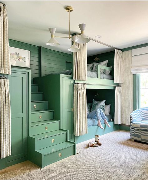 Green Guest Room, Christian Bedroom, Girls Bedroom Green, Collins Interiors, Bunk Beds Built In, Guest Bedroom Design, Built In Bunks, Bunk Rooms, Wall Piece