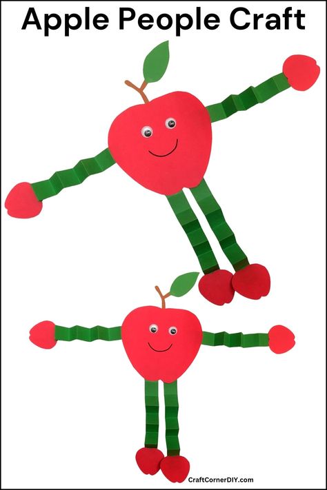 Picture of a Pinterest pin showing a completed apple people craft. Apple Picking Crafts For Kids, Apple People Craft, Apple Pie Craft, Paper Apple Craft, Apple Craft For Kids, Kids Craft Corner, People Craft, Infant Crafts, Apple Template