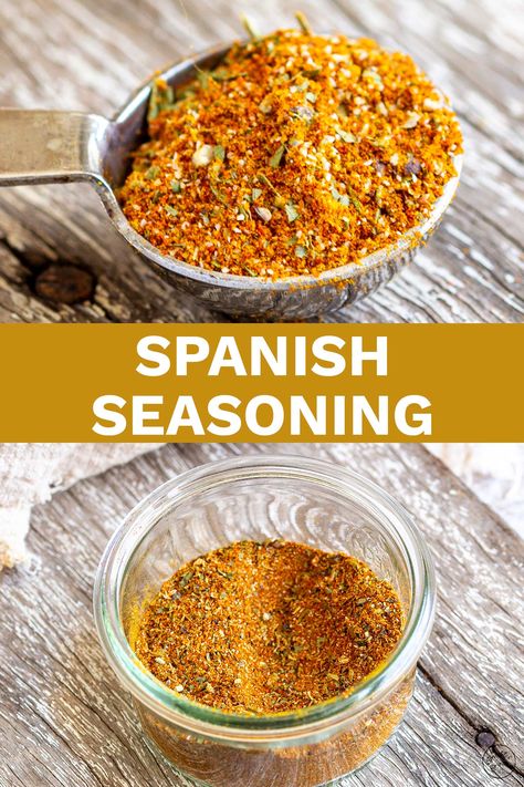 This Spanish Seasoning blend is packed with earthy Mediterranean flavor; think smoked paprika, garlic, onion, a hint of saffron, and a dash of herbs. Try sprinkling this mixture over chicken breasts, pork, shrimp, or fish for an easy way to perk up your protein. Mix it with olive oil and coat your veggies before you roast them. Or add it to a dish of olive oil as a dipping oil for bread. It's perfect for seasoning your paellas, rice dishes, or a simple tomato salad. Paella Spice Mix Recipe, Paella Seasoning Recipe, Mexican Seasoning Recipe, Spanish Seasoning, Spanish Rice Seasoning, Dipping Oil For Bread, Bread Seasoning, Chicken Seasoning Recipes, Spanish Saffron