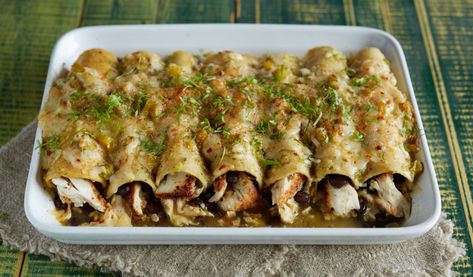 Alaska Halibut Enchiladas Salsa Verde | Alaska Seafood Marketing Institute Halibut Enchiladas, Green Salsa Enchiladas, Enchiladas Salsa Verde, Salsa Verde Recipe, Halibut Recipes, Chipotle Chili Powder, Chipotle Chili, Lemon Pepper Seasoning, Pescatarian Recipes