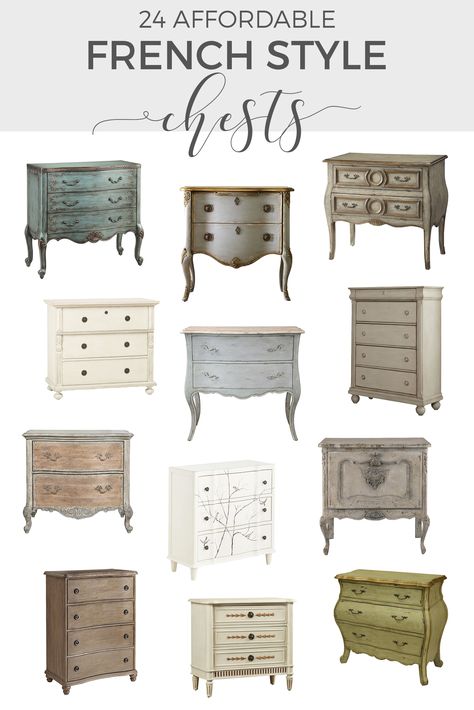 French Dressers | If you're looking for a French dresser with great style at a reasonable price, this shopping guide offers 24 affordable French style chests. -----> #dressers #frenchchests #chestofdrawers #frenchfurniture #frenchchestofdrawers #frenchstyledressers #paintedfurniture #affordabledresserideas #frenchfurnitureshoppingguide #vintagestylechestofdrawers #farmhousechestofdrawers #wheretobuyfrenchfurniture French Country Home Interiors, French Farmhouse Furniture, French Chest Of Drawers, French Dresser, Country Interior Design, Country Ideas, French Farmhouse Style, French Country Furniture, Modern French Country