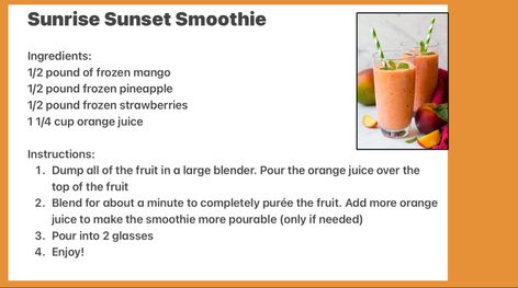 Sunrise Sunset Smoothie Tropical Smoothie, Copycat Robeks Smoothies, Tropical Smoothie Sunrise Sunset Recipe, Copycat Tropical Smoothie Cafe Recipes, Sunrise Sunset Smoothie, Tropical Smoothie Cafe Recipes, Sunset Smoothie, Tropical Fruit Smoothie, Orange Julius Recipe