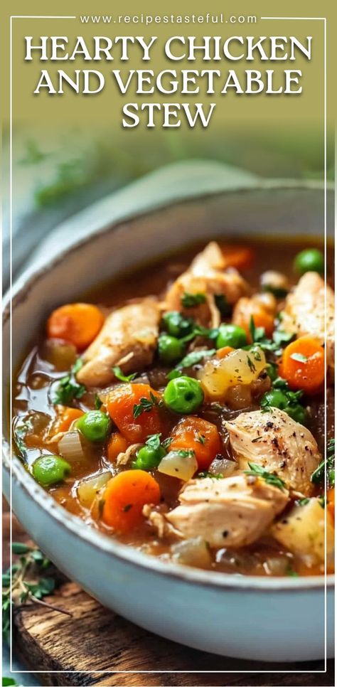 This Hearty Chicken and Vegetable Stew is a comforting, nourishing dish perfect for cozy dinners. Packed with tender chicken, hearty vegetables, and savory broth, it's a deliciously wholesome meal that’s easy to make and perfect for feeding a crowd. The rich flavors of thyme, rosemary, and tomato paste come together to create a savory stew your whole family will love. Vegetable Stew Crockpot, Chicken And Vegetable Stew, Best Chicken Stew, Healthy Hearty Soup, Recipes With Vegetable Broth, Hearty Chicken Soup, Chicken Vegetable Stew, Healthy Stew, Chicken Vegetable Soup Recipes