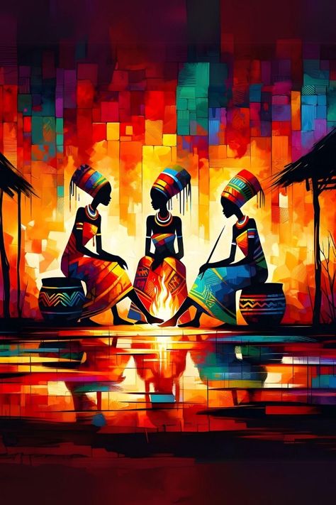 African Abstract Art Paintings, African Artwork Traditional, African Art Paintings Culture, Africa Art Painting, African Color Palette, African Landscape Painting, African Culture Art, Afro Painting, African Abstract Art