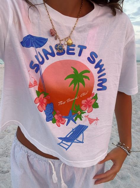 Sunset Swim Boxy Tee – The Beach Club Shop Beach Jewelry Aesthetic, Beach Street Style, Beach Crewneck, Sunset Swim, Holiday Fits, The Beach Club, Coastal Fashion, Swim Tank, Top Summer Outfits