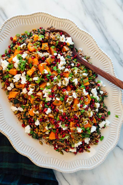 Butternut Squash Pomegranate, Wild Rice Stuffing Recipes, Vegetarian Stuffing Recipe, Rice Stuffing Recipes, Wild Rice Stuffing, Healthy Holiday Sides, Recipes Microwave, Vegetarian Stuffing, Cookie And Kate