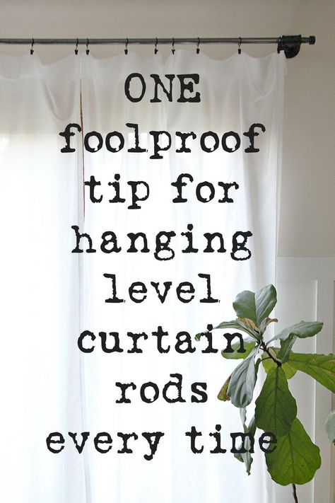 Curtain Hanging Hack - How to Hang a Perfectly Level Rod - The Crazy Craft Lady Inexpensive Curtains, Long Curtain Rods, Magic Decor, Hanging Curtain Rods, Diy Curtain Rods, Cloth Curtains, Diy Curtain, Curtain Hanging, Drop Cloth Curtains