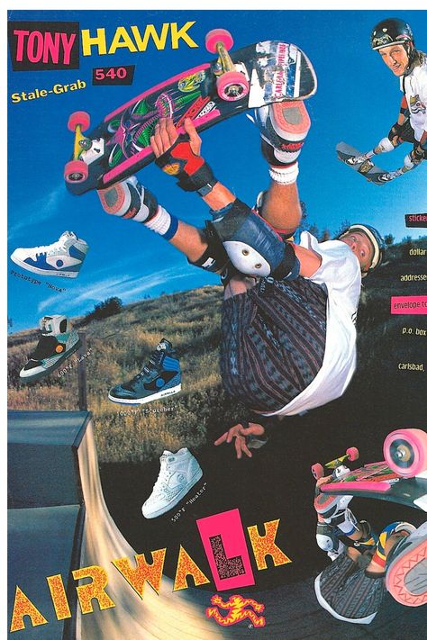 Tony Hawk's Airwalk shoes were an iconic part of skateboarding history, representing both his pioneering skating style and the evolution of skate footwear. The Airwalk Pro model, famously worn by Hawk during his groundbreaking 900 at the 1999 X Games, became synonymous with innovation and performance in skate shoes. Its durable construction and innovative design supported skaters through high-impact tricks and helped redefine what was possible in vert and street skating. Hawk's partnership with Airwalk solidified his status as a legend in skateboarding and left an enduring impact on the sport's culture and footwear technology. 🛹👟 #TonyHawk #Airwalk #SkateboardingIcon Birdhouse Skateboards, Tony Hawk Pro Skater, Old School Skateboards, Airwalk Shoes, Skate Photos, Skate And Destroy, Skateboard Photography, Vintage Skate, Shoes Ads