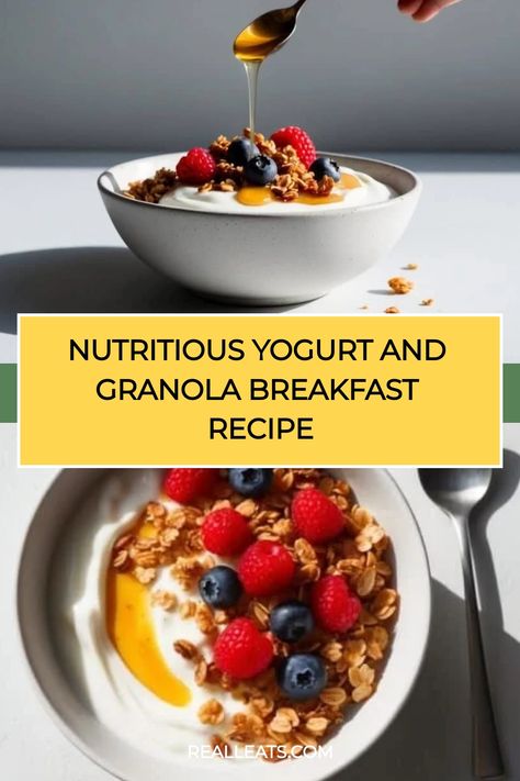 Nutritious yogurt and granola breakfast topped with fresh berries and a drizzle of honey. Granola Recipe With Yogurt, Greek Yogurt Breakfast Recipes, Yogurt Breakfast Recipes, Yogurt And Granola Breakfast, Greek Yogurt Recipes Breakfast, Greek Yogurt Toppings, Greek Yogurt Breakfast, Marinated Vegetables, Yogurt Breakfast