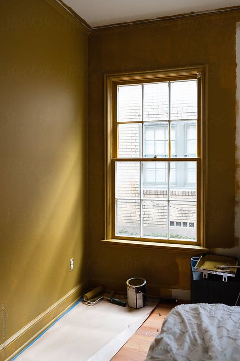 Process photo of room being painted a deep ochre yellow Ochre Bedroom Walls, Ochre Ceiling, Bedroom Yellow Walls, Yellow Ceiling Bedroom, Mustard Paint Color Walls, Ochre Walls, Bedroom Painted Ceiling, Wall Colours, Interior Painting