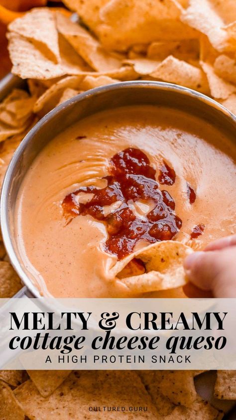 You're going to love this healthier, melty, and creamy cottage cheese queso dip recipe! It's high in protein, low in fat, and packed with flavor—perfect for dipping or topping your favorite dishes. #queso #cottagecheese #cheese #healthysnack Savory Whipped Cottage Cheese, Cottage Cheese Dip Recipes Healthy, Cottage Cheese Sauce Recipes, Cottage Cheese Queso Dip, Cheese Queso Dip, Cottage Cheese Dip Recipes, Cottage Cheese Queso, Cottage Cheese Dip, Queso Dip Recipe