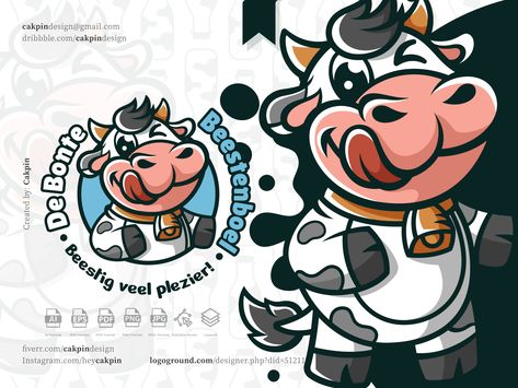 Cow Cartoon Mascot : De Bonte Beestenboel by cakpin Cow Character, Cow Character Design, Cow Graphic Design, Cow Logo Design Ideas, Cow Mascot, Vintage Character, Logo Concept, Typography Fonts, Zoo Animals