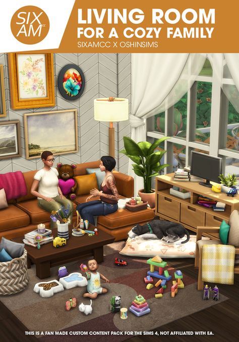 Living Room for a Cozy Family (CC Pack for The Sims 4) by SIXAMcc x OshinSims - Overview | Patreon Sixam Cc, The Sims 4 Pack, Living Room Sims 4, Mods Sims 4, Houses Bloxburg, Sims 4 Family, Sims Packs, Pelo Sims, The Sims 4 Packs