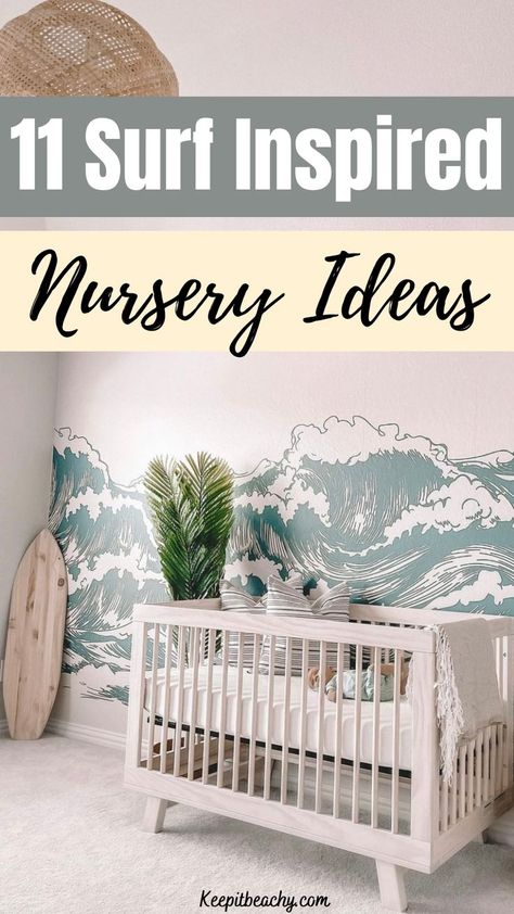 surf nursery ideas Coastal Nursery Boy, Tropical Baby Nursery, Themed Nursery Ideas, Beach Baby Rooms, Palm Tree Quilt, Ocean Baby Rooms, Surfer Nursery, Beach Theme Nursery, Surf Nursery