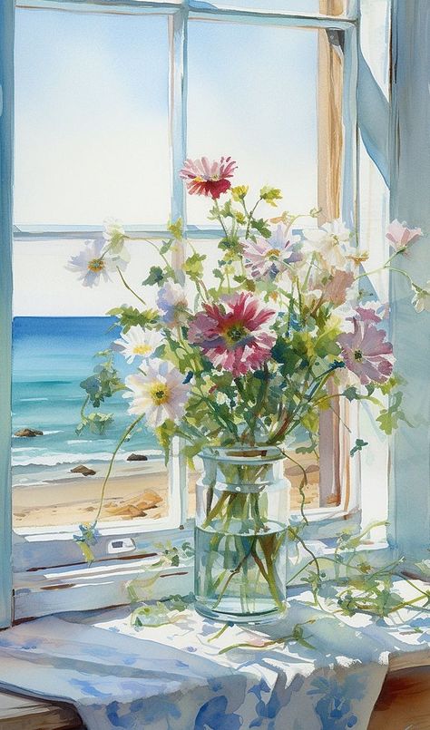 Color Water Painting Beautiful, Flower Vase Painting Watercolor, Paintings Of Windows, Flowers On Window Sill, Aesthetic Watercolor Art Ideas, Painting Of Flowers In Vase, Flowers On Window, Vase Of Flowers Painting, Aesthetic Watercolor Painting