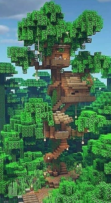 Jungle Theme Minecraft House, Minecraft Bamboo Treehouse, Fairy Forest Minecraft Ideas, Minecraft Jungle Bridge Ideas, Minecraft Giant Tree House, Treehouse Minecraft Ideas Jungle, Minecraft Treehouses Jungle, Minecraft Jungle House Easy, Minecraft Spruce Treehouse