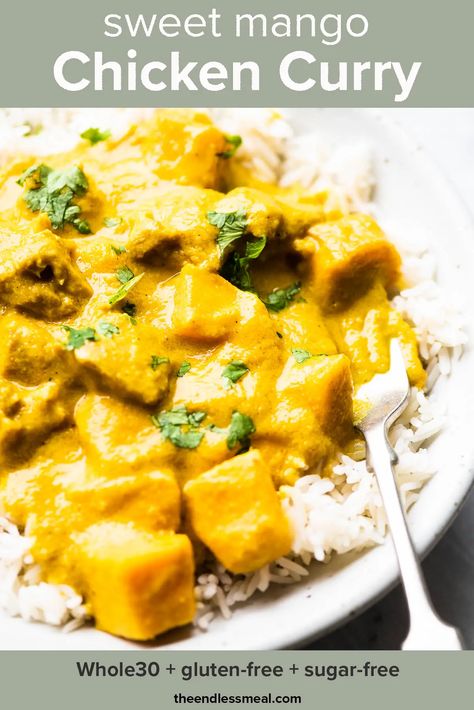 PIN TO SAVE FOR LATER! Mango chicken curry is an incredibly delicious Indian curry recipe. The fresh or frozen mangoes give the curry the perfect sweetness without adding any sugar. This easy 30-minute dinner recipe is sure to become a family favorite! #theendlessmeal #mangochickencurry #curry #chicken #mango #chickencurry #mangocurry #mangorecipes #chickenrecipes #curryrecipes #sugarfree #sugarfreerecipes #indian #indiancurry #easydinner #healthydinner #coconutcurry Indian Mango Chicken, Mango Chicken Recipes, Mango Chicken Curry, Banana Curry, Indian Mango, Mango Curry, Mango Chicken, Curry Recipes Indian, Chicken Healthy