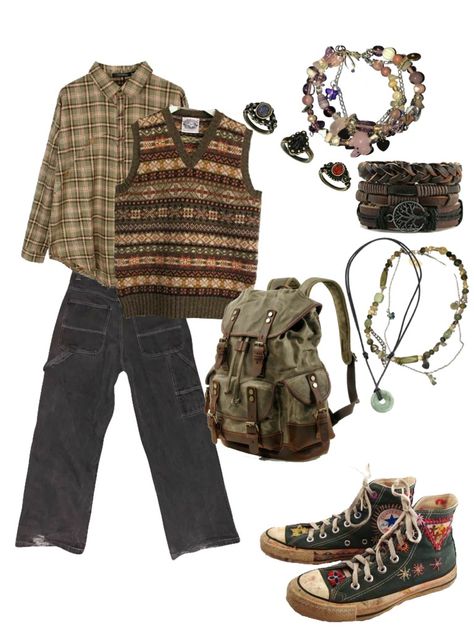 Male Outfit Ideas Grunge, Park Ranger Aesthetic Outfit, Goblincore Outfits Men, Forest Core Outfits Men, Goblin Core Outfit Male, Forest Punk Aesthetic Outfits, Male Outfits Ideas, Goblincore Outfits Male, Apocalypse Outfit Male