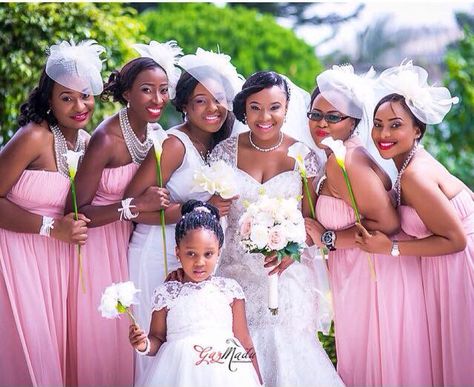 Wedding dress. Pink bridesmaid dresses. Fascinators hat short veils Nigerian Bridesmaid Dresses, Pink Bridesmaid Gowns, Bridesmaid Dresses 2017, Nigerian Women, Africa Clothing, Bridesmaid Gowns, Beautiful Bridesmaid Dresses, Perfect Bridesmaid Dress, Latest Ankara Styles