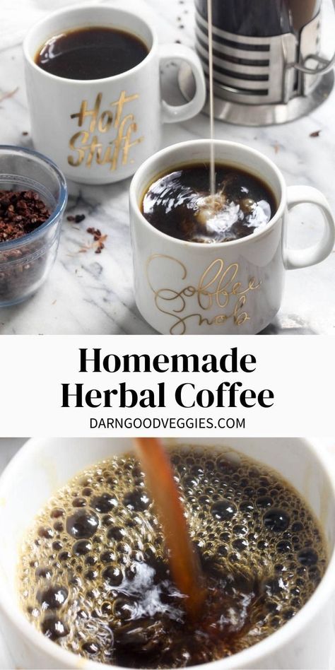 Homemade Herbal Coffee recipe is an easy at home coffee substitute with all the deep and rich flavors of coffee but is caffeine-free. Herbal Coffee Recipe, Roasted Dandelion Root, Healthy Beverages, Herbal Coffee, Coffee Substitute, Coffee Ingredients, Herbal Teas Recipes, Coffee Alternative, Coffee Recipe