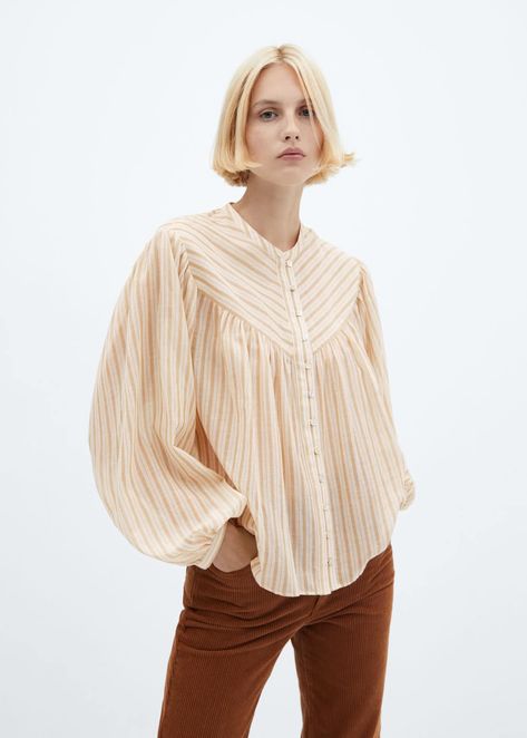 Blouse with puffed sleeves and buttons - Women | Mango United Kingdom French Street Fashion, Ralph Lauren Style, Button Blouse, Puffed Sleeves, Stripe Print, Style Guides, Puff Sleeve, Shirt Blouses, Mango