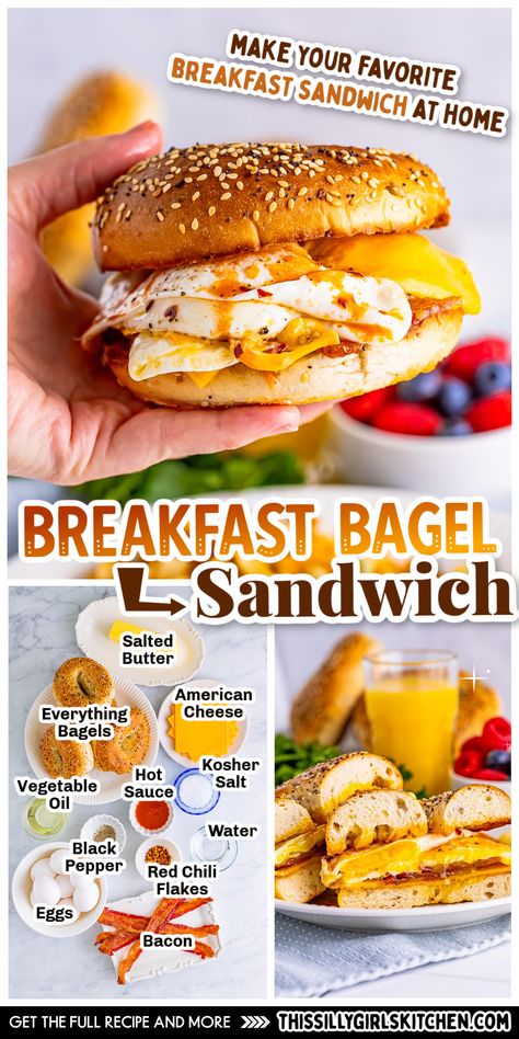 Having a breakfast bagel sandwich in your recipe arsenal is an absolute must. Hearty, filling, and delicious, this is one sandwich you’ll want to make every morning! Nothing beats waking up to a hot and hearty breakfast. The smell of bacon frying and all that cheesy goodness, don’t forget that runny yolk, makes these breakfast bagel sandwiches one recipe your family will ask for on repeat. Bagels For Breakfast, Breakfast With Bagels, Breakfast Bagel Sandwich Ideas, Breakfast Bagel Sandwich, Bagel Sandwich Recipes, Bagel Recipes, Bagel Sandwiches, Work Breakfast, Mom Breakfast