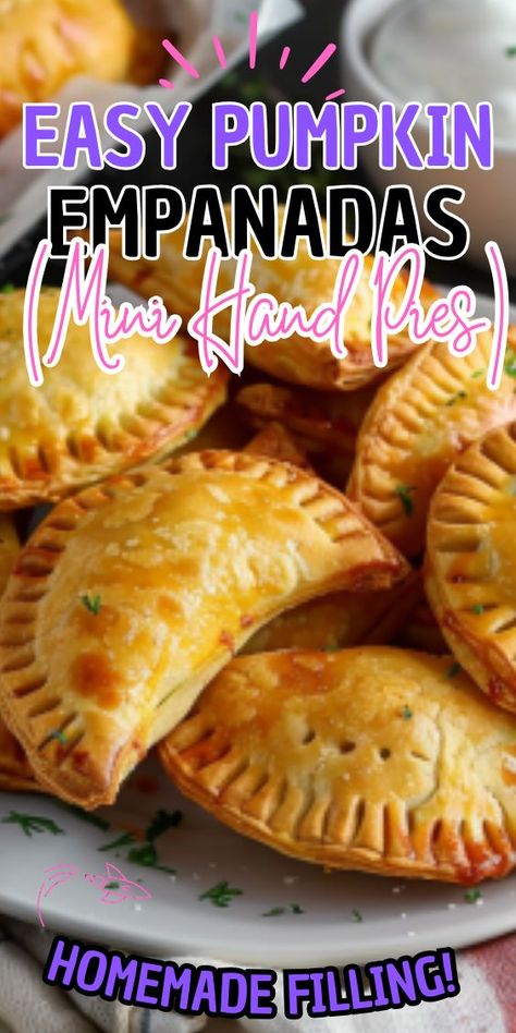 Easy Pumpkin Empanadas (Mini Hand Pies) wafting through your kitchen. These mini hand pies are the epitome of comfort food, featuring a buttery, flaky crust enveloping a sweet and spiced pumpkin filling. Perfect for snacking, dessert, or even as a delightful addition to your Thanksgiving Easy Pumpkin Empanadas, Mini Hand Pies, Sweet Empanadas Recipe, Pumpkin Empanadas, Pumpkin Filling, Hand Pie Recipes, Mini Pumpkin Pies, Hand Pie, Delicious Thanksgiving