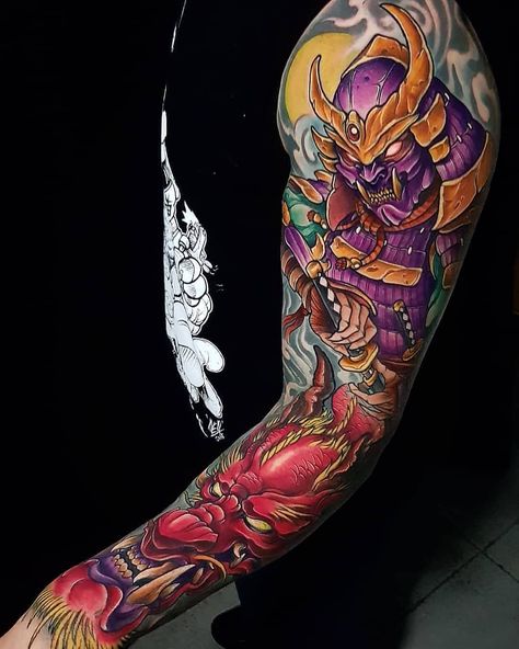 Colorful Tattoo Sleeve, Japanese Warrior Tattoo, Samurai Tattoo Sleeve, Japanese Tattoos For Men, Colorful Tattoo, Japanese Flower Tattoo, Samurai Tattoo Design, Dragon Sleeve Tattoos, Men Tattoos Arm Sleeve