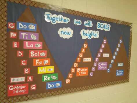 Together we will SCALE new heights bulletin board elementary orchestra and music Choir Classroom Decor, Bulletin Board Elementary, Elementary Music Classroom Decor, Music Room Bulletin Boards, Music Classroom Bulletin Boards, Choir Classroom, Teaching Orchestra, Orchestra Classroom, Middle School Choir