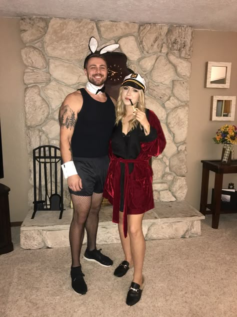 Couples Halloween costume. Hugh Hefner and Bunny - funny. Halloween Costume Group, Cool Couple Halloween Costumes, Halloween Costume Couple, Easy Couple Halloween Costumes, Meme Costume, Funny Couple Costumes, Unique Couple Halloween Costumes, Funny Couple Halloween Costumes, Couple Halloween Costumes For Adults