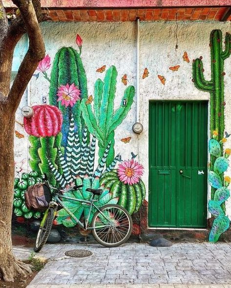 happy buddha breathing | Be real. Breathe deep. Live life. | Page 8 Cactus Paintings, Open Sesame, Taco Shop, Garden Mural, Deco Jungle, Mexican Wall, Wall Painting Decor, Fence Art, Wall Murals Painted