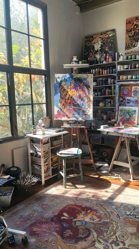 Room Of Artist, Aesthetic Painting Set Up, Messy Art Studio Aesthetic, Art Studio Colorful, Painting Space In Home, Art Studio In Home, Art Corner In Room, Art Corner Aesthetic, Cottage Art Studio