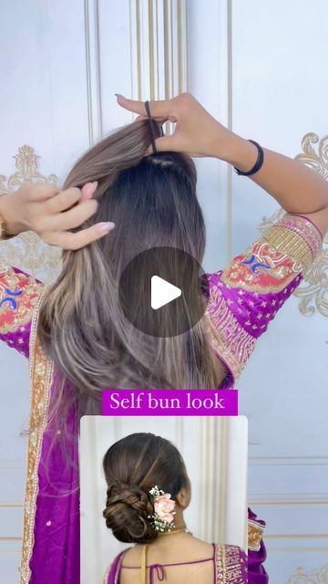 Rushi Patel |  Bridal Hairstylist | Makeup Artist on Instagram: "Self bun look .. . . . #rushipatelhairstylist #selfhair #selfhairstyle #selfbun #selfhaircut #selfhairdo #selfhairbun #selfhairstyle #selfcurls😍" Saree Look Hairstyles Bun, Hairstyle By Self, Simple Jura Hair Styles, Braided Hairstyles For Saree, Hair Do With Saree, Hair Bun Styles With Saree, Hair Bun For Saree, Bun Hairstyles For Saree, Prom Hair Braids