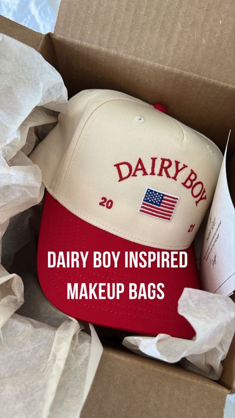 We love Dairy boy and thought these makeup bags were the perfect dupe Dairy Boy Hat, Trendy Trucker Hat As Gift, Dairy Free Trader Joes List, Dairy Boy Aesthetic, Gluten Free Dairy Free Trader Joes, Trader Joe’s Bag Aesthetic, Dairy Boy, Boy Makeup, Love Dairy