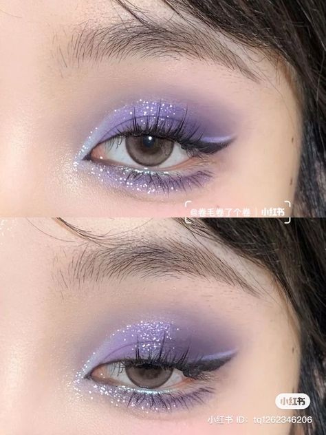 Purple White Makeup, Twice Concert Makeup, Purple Makeup Prom, Purple Eye Makeup Aesthetic, Purple Douyin Makeup, Kpop Concert Makeup, Lilac Makeup, Lavender Makeup, Purple Makeup Looks