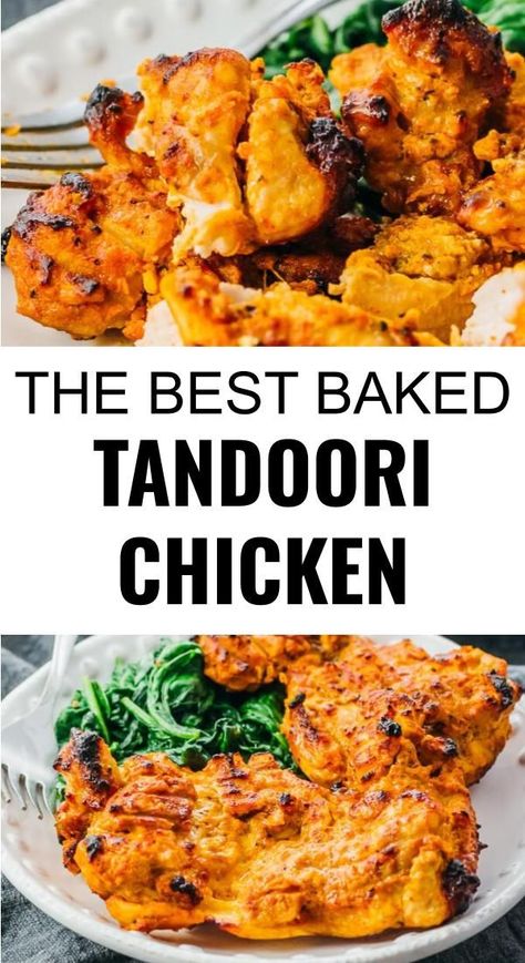 An easy oven recipe for Tandoori Chicken! The chicken is coated with an authentic, spice filled marinade and then baked, not grilled. I use boneless thighs but other cuts work too. You can serve with sides like creamed spinach for a complete dinner. One of my favorite Indian meals -- also healthy, keto, low carb, and gluten free. Baked Tandoori Chicken, Savory Lunch, Easy Oven Recipes, Tandoori Chicken Recipe, Indian Feast, Tandoori Recipes, Dinners Ideas, Indian Meals, British Dishes