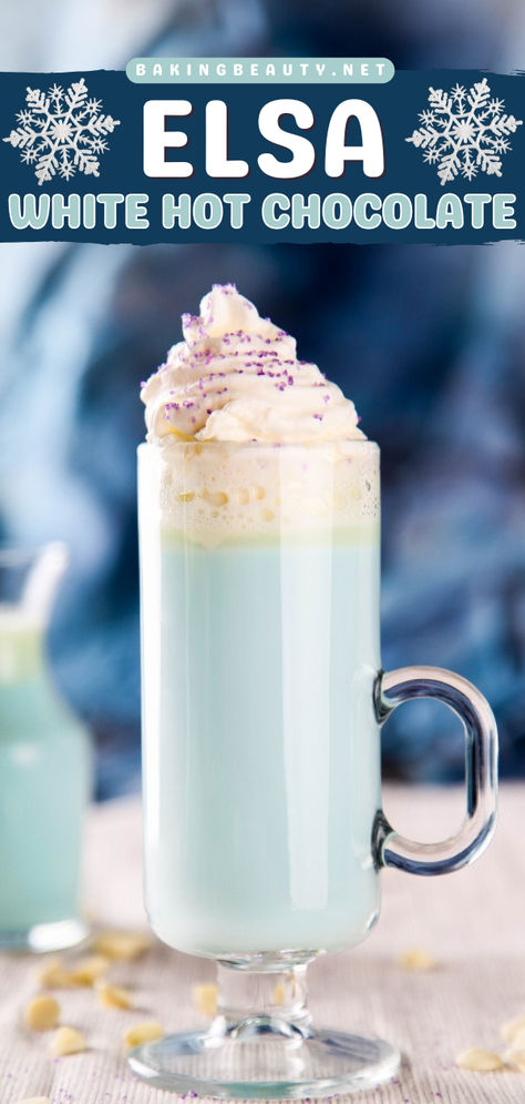 Delight your guests with Elsa White Hot Chocolate, an easy drink recipe ready in just 10 minutes! Made with white chocolate chips, a splash of blue food coloring, and topped with whipped cream, it’s the perfect non alcoholic drink for parties. Try it today! New Years Eve Drinks Nonalcoholic, Frozen Alcoholic Drinks Recipes, Polar Bear Drink, Whipped Hot Chocolate, Frozen Hot Chocolate Recipe, Warm Drinks Recipes, Nonalcoholic Party Drinks, White Hot Chocolate Recipe, Frozen Drink Recipes